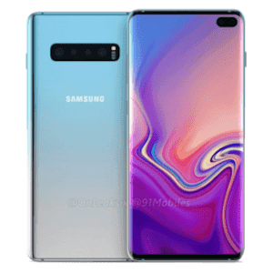 Samsung Galaxy smartphone shown from front and back. The phone has a large, edge-to-edge display with a dual front camera cutout on the top right. The back is light blue with a horizontal camera module near the top center.