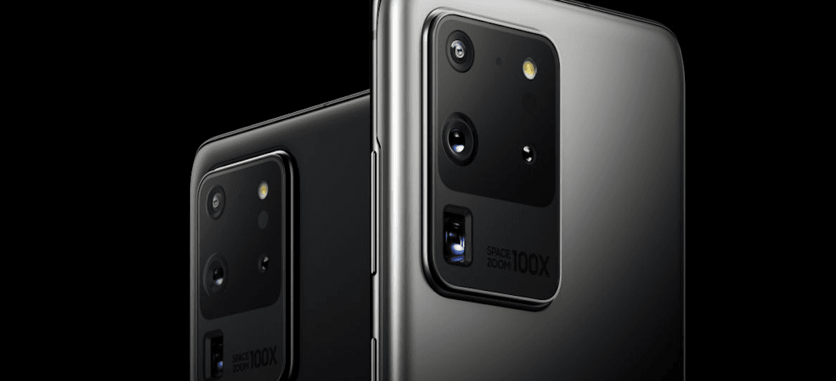 Close-up view of two Samsung Galaxy smartphones focusing on their rear camera modules. The phones are black and gray with large, rectangular camera bumps housing multiple lenses and sensors. The text 'Space Zoom 100X' is visible on the camera module.