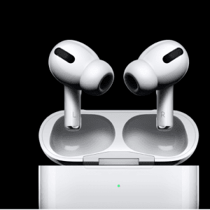 Pair of white wireless earbuds (Apple AirPods Pro) placed inside an open charging case, shown against a black background.