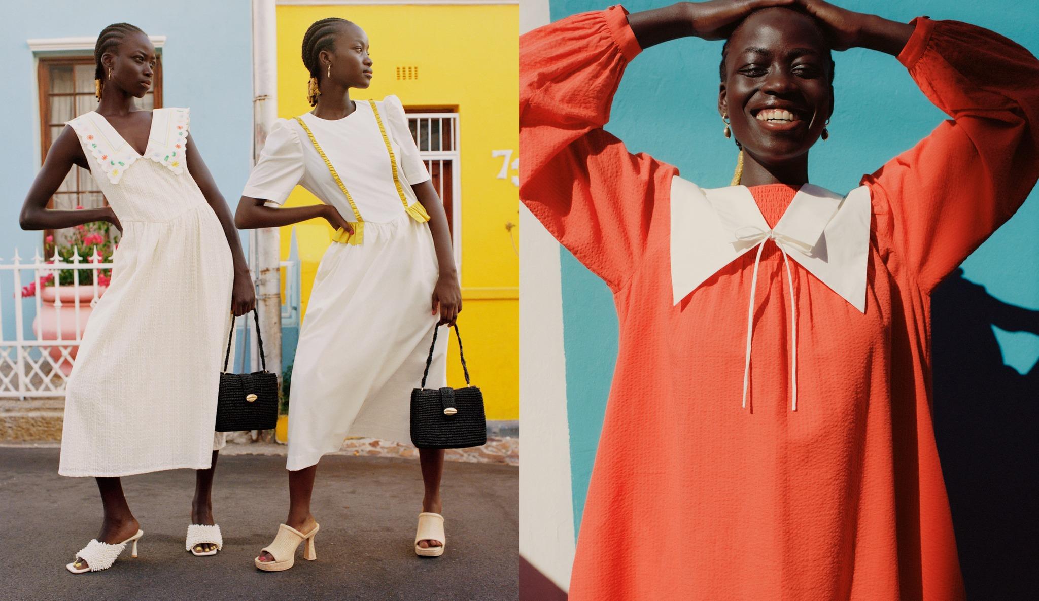 Three fashion-forward images featuring a model in vibrant, summery outfits. On the left, two women pose against colorful building facades—one in a white dress with floral embroidery and another in a white puff-sleeve dress with yellow trim; both hold black woven handbags and wear heeled sandals. On the right, a close-up of a smiling model in a coral-red dress with voluminous sleeves and a large white collar, standing in front of a bright turquoise wall.