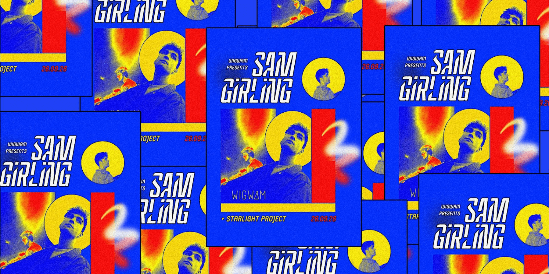 Sam Girling bold blue and yellow psychedelic concert promotional poster with artist portrait